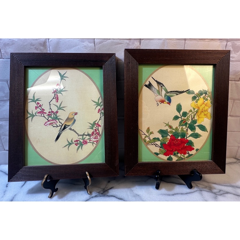 Vintage Bird and Flower Framed Art Prints Set of 2 Dark Wood Ribbed Frames 12.5"